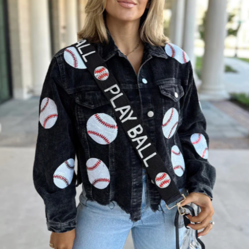 The perfect GameDay layering piece. This oh so comfy + GLAM corduroy sequin baseball jacket will have you GameDay ready to head to the ballpark for those cool baseball nights.  Layer over your favorite Gameday hoodie, tank or tee.  Or throw on over a white v-neck with your favorite black leggings with booties or cute sneaks for a casual weekend vibe..
