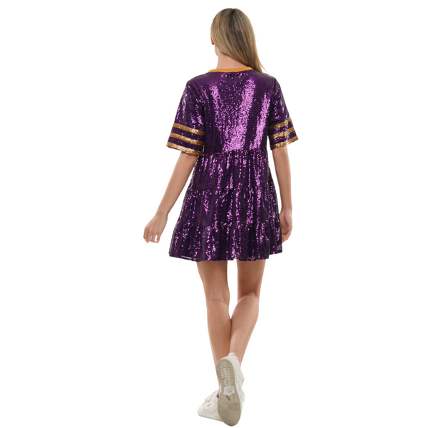 GAMEDAY BABY DOLL SEQUIN DRESS/STRIPE SLEEVES - PURPLE/GOLD