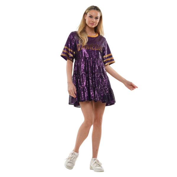 GAMEDAY BABY DOLL SEQUIN DRESS/STRIPE SLEEVES