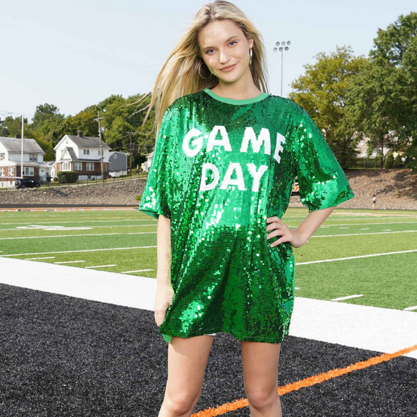 green game day dress Gameday Sequin Dress/Tunic/Top Green/White Faux-Wrap Long Strappy Prom or any occasion where Fabric: Denim Size:AU14 - (US10)