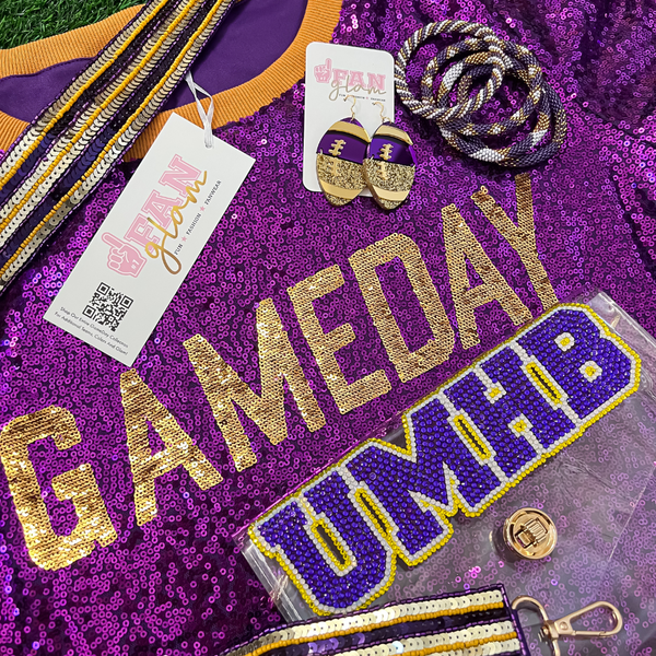 GAMEDAY BABY DOLL SEQUIN DRESS/STRIPE SLEEVES - PURPLE/GOLD