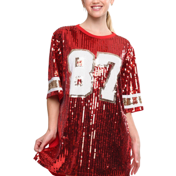 GAMEDAY SEQUIN #87 JERSEY DRESS/TUNIC/TOP - RED/GOLD/WHITE GAMEDAY SEQUIN #87 JERSEY DRESS/TUNIC/TOP - RED/GOLD/WHITE