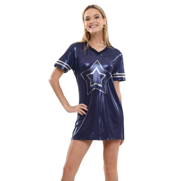 knee length dresses for ladies Shooting Star Metallic Wrap Dress Silver Blue / S