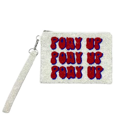 Meet Us At The Boulevard, Cause Saturdays Are For The Stangs!   Pony Up And Elevate your Game Day status when accessorizing your Game Day look with our uniquely beaded Pony Up Wristlet.  Stadium sized approved!!  Wristlet features a secure zip closure that keeps your cash, credit cards, lipstick, keys + more safe at the game!