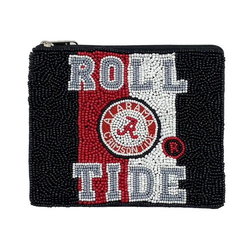 Roll Tide Roll.  Bama fans it's time to elevate your clear bag status and accessorize your Game Day look with our uniquely beaded Roll Tide zip coin bag.  Featuring a secure zip closure that keeps your cash, credit cards, lipstick, keys + more safe at the game!