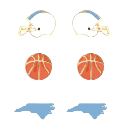 Show your NORTH CAROLINA pride with these adorable statement studs! Whether you’re tailgating at the stadium or watching the game from home, these earrings are a must-have for any North Carolina fan!&nbsp;  Your team pride at your fingertips! Our new dual enamel stud earrings feature a helmet, basketball and your team state! Perfect size for ear stacking and great for all ages, the little ones will love wearing these as well!