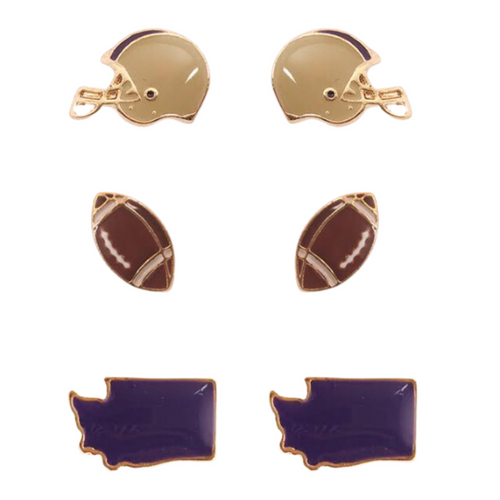 Show your WASHINGTON pride with these adorable statement studs! Whether you’re tailgating at the stadium or watching the game from home, these earrings are a must-have for any Washington fan!&nbsp;  Your team pride at your fingertips! Our new dual enamel stud earrings feature a helmet, football and your team state! Perfect size for ear stacking and great for all ages, the little ones will love wearing these as well!