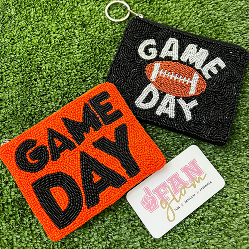 Show your love for GAMEDAY, when you elevate your clear bag status and showcase this adorable beaded GAME DAY coin bag featuring your favorite pastime.  A perfect sized team colored pouch to fit your cash, credit card lipstick and keys!