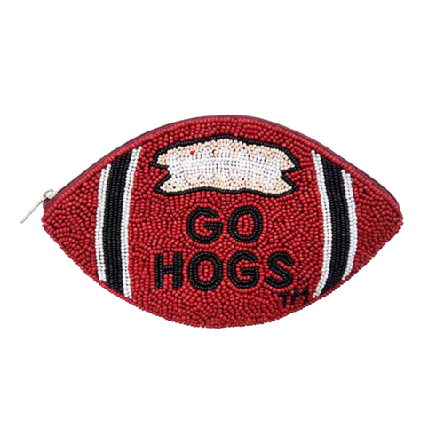 Time to call the hogs, Wooo Pig Sooie it's Game Day!! Elevate your clear bag status and show off your team spirit when accessorizing your Game Day look with our uniquely beaded GO HOGS! football coin bag.  Featuring a secure zip closure that keeps your cash, credit cards, lipstick, keys + more safe at the game!