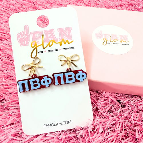 Add a little glam to your Greek life with our Gold Bow Chapter Charms! These sweet drop earrings feature a dainty metallic bow paired with bold, bubbly sorority letters—perfect for Bid Day, Big/Little reveals, or just repping your chapter with style.
