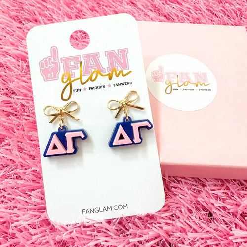 Add a little glam to your Greek life with our Gold Bow Chapter Charms! These sweet drop earrings feature a dainty metallic bow paired with bold, bubbly sorority letters—perfect for Bid Day, Big/Little reveals, or just repping your chapter with style.