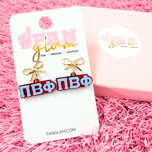 Add a little glam to your Greek life with our Gold Bow Chapter Charms! These sweet drop earrings feature a dainty metallic bow paired with bold, bubbly sorority letters—perfect for Bid Day, Big/Little reveals, or just repping your chapter with style.