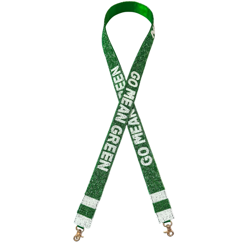 Let's Go Mean Green!&nbsp; It's game time&nbsp;and we're here to help&nbsp;elevate your Game Day GLAM! &nbsp;Cheer your team on in style, by accessorizing your clear bag with our new beaded bag strap.

Featuring a&nbsp;secure classic gold clasp closure.