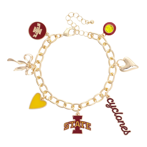 Show your Cyclones pride with the Iowa State Cyclones Enamel Icons Charm Bracelet. This gold-plated bracelet sparkles with colorful enamel charms, featuring the team logo and spirited symbols. Perfect for stacking or wearing solo, it adds a playful touch to any game day outfit or season-long look.