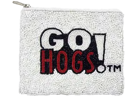 Time to call the hogs, Wooo Pig Sooie it's Game Day!!  There's no better time to elevate your tailgate glam by accessorizing your Game Day fit with our iconic Go Hogs! Beaded Coin Bag.  Featuring a secure zip closure that keeps your cash, credit cards, lipstick, keys + more safe at the game!
