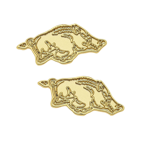 Flaunt your Razorbacks spirit with a touch of luxury! These 24K gold plated stud earrings showcase the iconic Arkansas logo in dazzling style. Featherlight construction means you can cheer from kickoff to final whistle without your ears crying foul. Perfect for game days, graduation gifts, or adding a playful pop of team pride to any outfit!