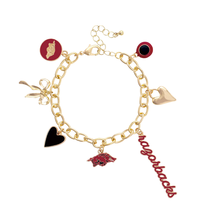Show your team pride with the Arkansas Razorbacks Enamel Icons Charm Bracelet. This gold-plated bracelet sparkles with colorful enamel charms featuring the iconic Razorbacks logo and spirited symbols. Perfect for stacking on game day or adding a playful touch to your everyday look, it’s a fun way to celebrate your favorite team all season long.