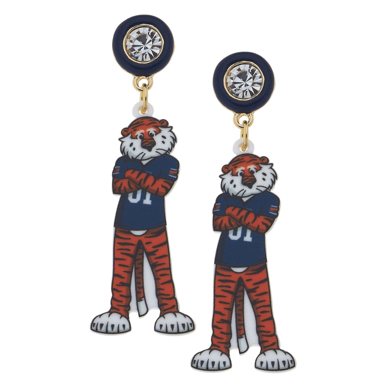 Show your Auburn pride with these playful Aubie the Tiger Resin Mascot Earrings. Featuring the iconic mascot in bright orange and navy, they add a fun, spirited touch to any outfit. Perfect for game days or everyday wear, these earrings let you celebrate your team in style.