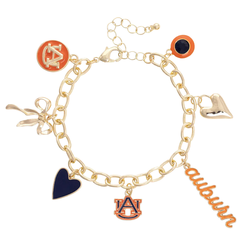 Celebrate your Auburn Tigers pride with the Enamel Icons Charm Bracelet. This shiny gold-plated bracelet is adorned with a lively mix of enamel charms, including the iconic Tigers logo and other spirited symbols. Perfect for stacking on game day or wearing as a fun, playful statement throughout the season.
