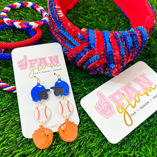 Show your love for the game when accessorizing your Game Day look with our uniquely designed 3-tier baseball helmet/ball/glove Glitter Glam dangle earrings!   The perfect accessory to help coordinate with your Game day ensemble.
