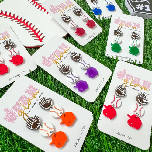 Dreaming about summer days and double plays!  Show off your ball park beauty in our new 3-tier glove/ball/helmet stud back dangles. Sporty + chic, they will have you ready for game time!  Light as a feather, you'll forget you even have them on.