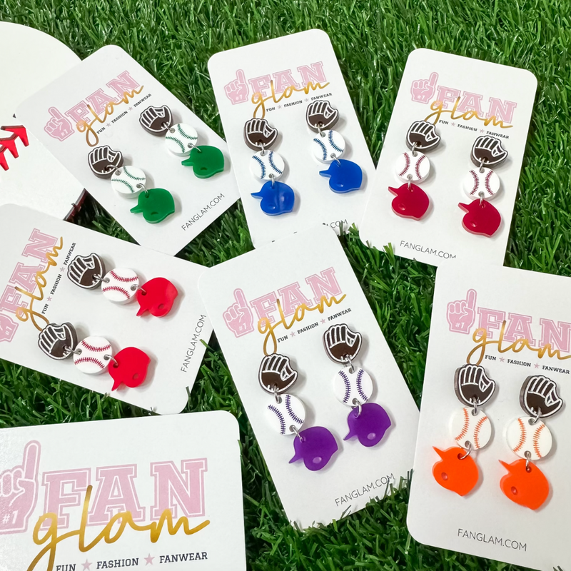 Dreaming about summer days and double plays! Show off your ball park beauty in our new 3-tier glove/ball/helmet stud back dangles. Sporty + chic, they will have you ready for game time! Light as a feather, you'll forget you even have them on.