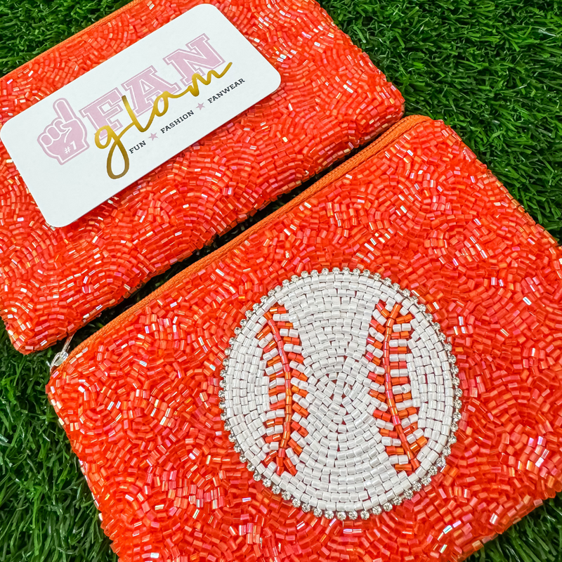 Hey Batter Batter... Our new Rhinestone Bling Baseball coin bags are a HOMERUN.  Show your love for the game when accessorizing your Game Day look with this one-of-a-kind beaded baseball zip coin bag! &nbsp; The perfect accessory to coordinate with your ball park&nbsp;ensemble.  THE perfect sized Game Day colored&nbsp;pouch to fit your&nbsp;cash, credit card, lipstick, keys + MORE!