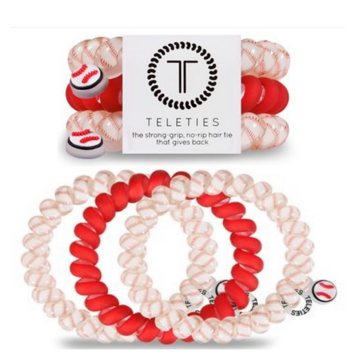 TELETIES - BASEBALL SPORTS COLLECTION  On Gameday, hold your hair and enhance your style with TELETIES. The strong grip, no rip hair tie that doubles as a bracelet. Strong, pretty and stylish, TELETIES are designed to withstand everyday demands while taking your Gameday look to the next level.