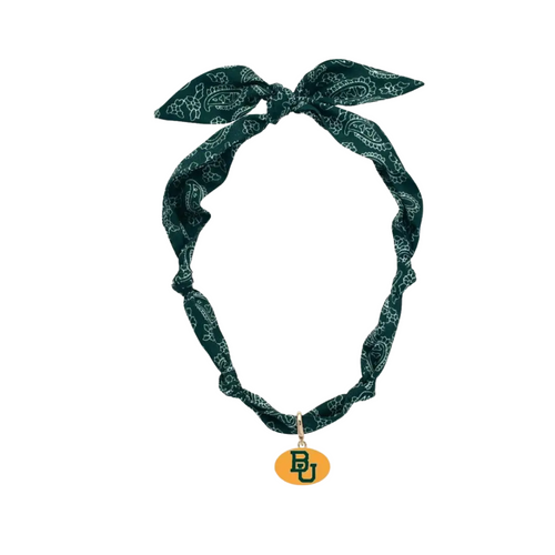 Show your Baylor Bears pride with this playful bandana scarf necklace. Featuring the iconic Baylor Bears logo, it adds a fun and sporty touch to any outfit while keeping you stylishly comfortable. Perfect for game days or casual wear, this versatile accessory lets you cheer on your team with flair.