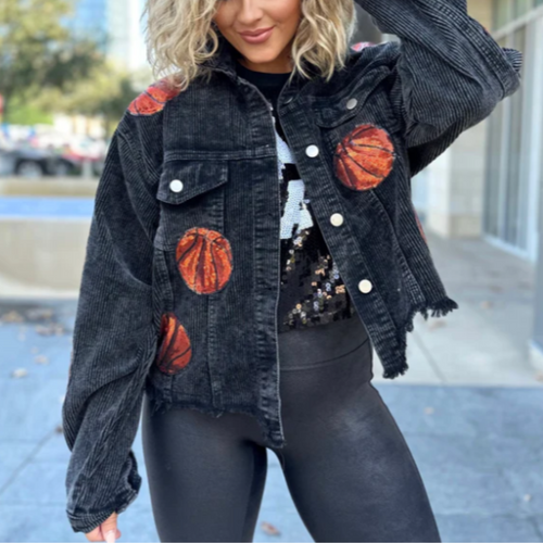 The perfect GameDay layering piece. This oh so comfy + GLAM corduroy sequin basketball jacket will have you GameDay ready for those cool basketball nights in the dome.  Layer over your favorite Gameday hoodie, tank or tee.  Or throw on over a white v-neck with your favorite black leggings with booties or cute sneaks for a casual weekend vibe.