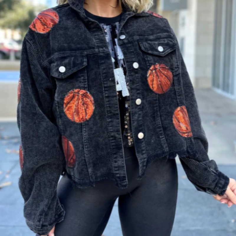 The perfect GameDay layering piece. This oh so comfy + GLAM corduroy sequin basketball jacket will have you GameDay ready for those cool basketball nights in the dome.  Layer over your favorite Gameday hoodie, tank or tee.  Or throw on over a white v-neck with your favorite black leggings with booties or cute sneaks for a casual weekend vibe.