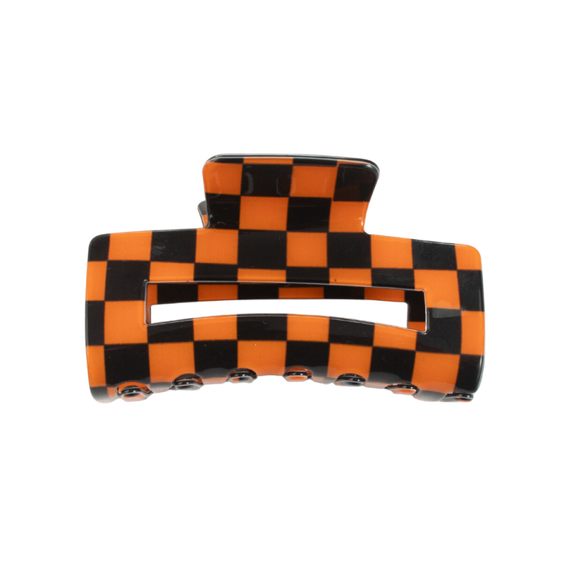 CHECKERED HAIR CLAW CLIP - ORANGE + BLACK