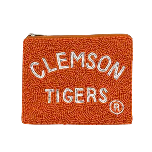 FIGHT Tigers! FIGHT Tigers! FIGHT FIGHT FIGHT!  There's no better time to elevate your clear bag status by accessorizing your Game Day look with our uniquely beaded Clemson Tigers coin bag.  Featuring a secure zip closure that keeps your cash, credit cards, lipstick, keys + more safe at the game!