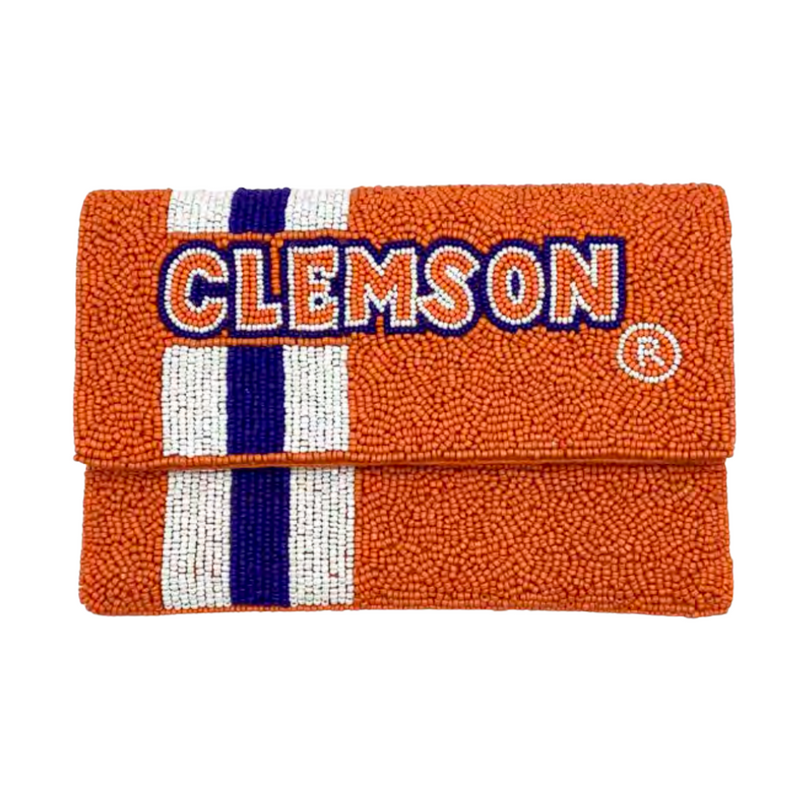 FIGHT Tigers! FIGHT Tigers! FIGHT FIGHT FIGHT!  There's no better time to elevate your tailgate glam by accessorizing your Game Day look with our team colored beaded Clemson clutch  Stadium sized approved!!  Our Mini clutch features a secure snap closure that keeps your cash, credit cards, lipstick, keys + more safe at the game!