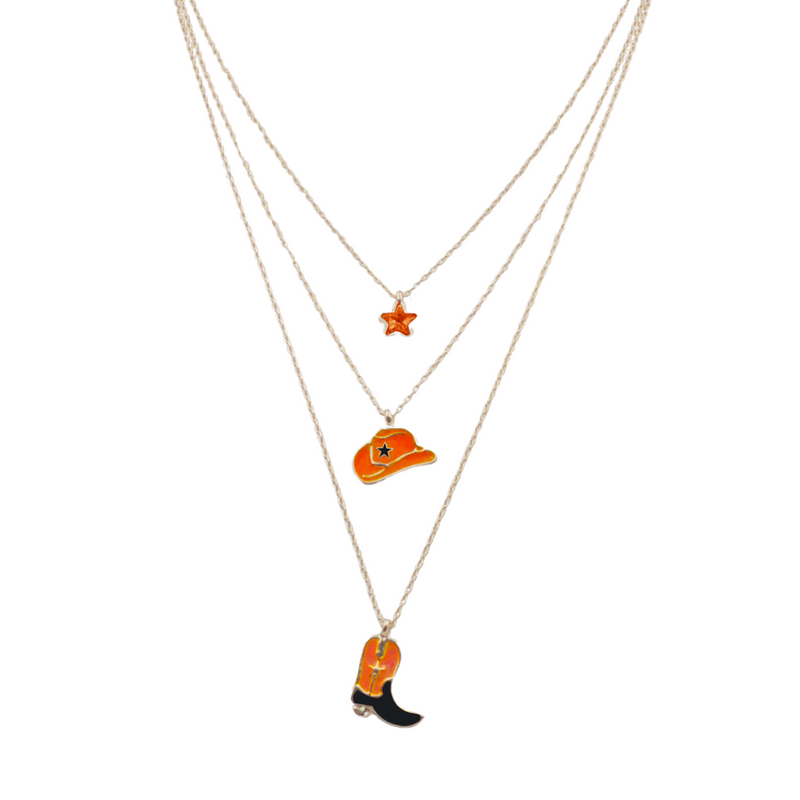 Our new Enamel Cowgirl Necklaces have arrived! The perfect additional to your GameDay Style, select a classic star, cowgirl hat or boot charm.&nbsp;

Collect all 3 and layer your GameDay Fit as much as your heart desires!