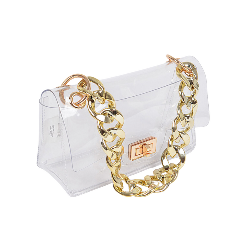 It's Here!!! &nbsp;Our new GameDay stadium compliant crossbody oversized chain bag.&nbsp; Featuring a clear PVC body with your choice of gold or silver hardware. &nbsp;Accented with two beautiful and timeless chain link straps which can be easily removed to incorporate your favorite team colored bag straps  The main compartment features a roomy compartment&nbsp;including a turn lock closure for securing your personal items safely within.