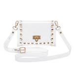 It's Here!!!  Our GamedDay stadium compliant crossbody envelop bag, features a clear PVC body with gold hardware.  Accented with a beautiful and timeless chain link strap, that easily removes to incorporate your favorite team colored bag straps  The main compartment features a roomy compartment including a turn lock closure for securing your personal items safely within.