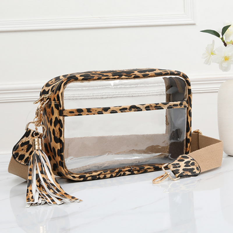 Clear Stadium Bag Zip Top Front Pocket Crossbody Leopard