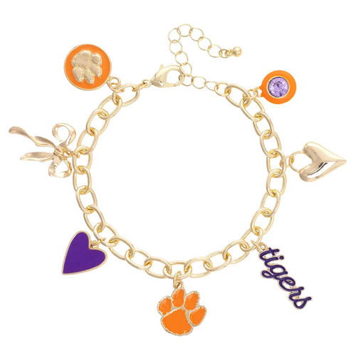 Celebrate your Clemson Tigers spirit with this shiny gold charm bracelet, packed with colorful enamel icons that capture the team's energy. Perfect for everyday wear, it adds a playful touch to any outfit while showing off your school pride in a fun, stylish way. Pre-order now and get ready to flaunt your Tigers love!