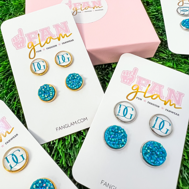 Sparkle + Shine when wearing your custom DG logo + blue sparkle druzy studs.  Custom created with Dance Gallery studio colors, they are the perfect earring for dancers and dance fans of all ages.  