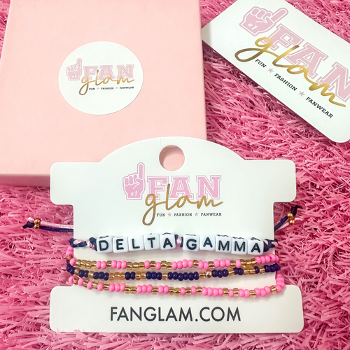 Stack your sorority spirit with the perfect arm candy to rep your sorority in style. &nbsp;Select our classic sorority braided strand for a simple, everyday vibe — or go full-on bold with our 4-strand stack, featuring a mix of stretchy beaded bracelets in fun colors and gold shimmer accents. &nbsp;

Whether you’re dressing up for bid day, big/little reveal, or just flexing your chapter pride, this set has you covered.&nbsp; Wear one or wear them all!