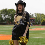 Sparkle and Shine while on the sidelines!  Show your love for the game and cheer on your favorite team in our NEW Helmet Sequin jersey!  It pairs perfectly with your favorite pair of white or black cowboy boots or when tailgate temperatures drop, add your favorite black leggings + booties and your game day ready! 
