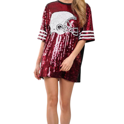 Sparkle and Shine while on the sidelines! &nbsp;Show your love for the game and cheer on your favorite team in our&nbsp;NEW Helmet Sequin jersey!

It pairs&nbsp;perfectly with your favorite pair of white or black cowboy boots or when tailgate temperatures drop, add your favorite black leggings + booties and your game day ready!&nbsp;

Tunic dress is one size. Depending on body type, it may be worn as a dress, tunic with leggings or even as a top with jeans.&nbsp;