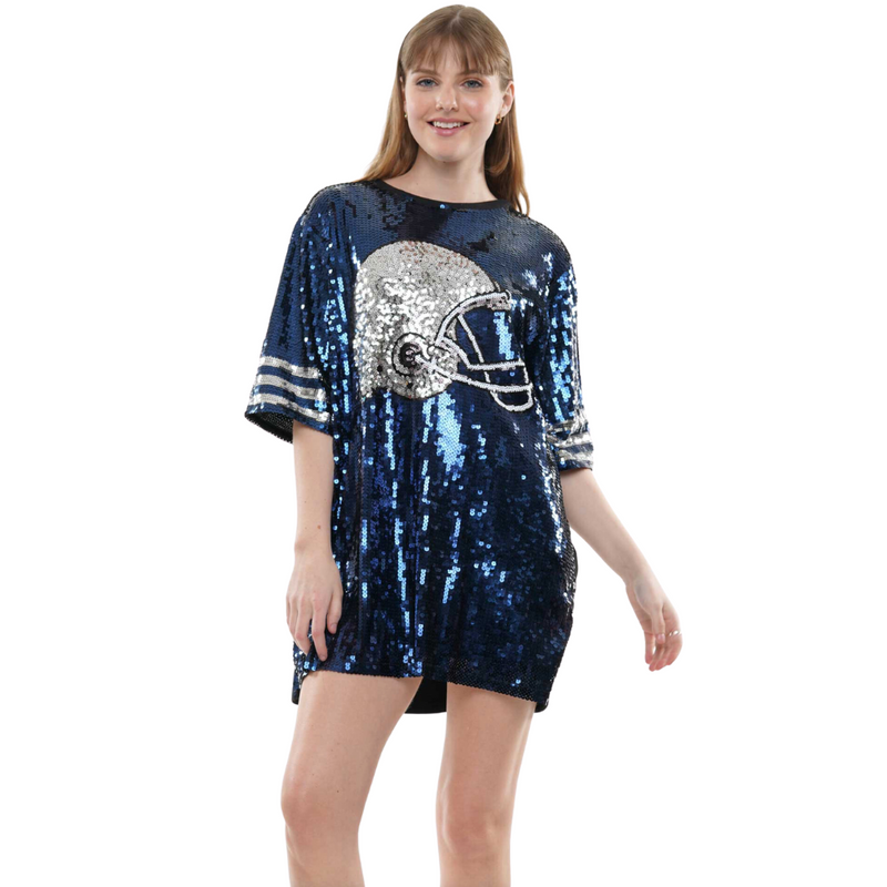 Sparkle and Shine while on the sidelines!  Show your love for the game and cheer on your favorite team in our NEW Helmet Sequin jersey!  It pairs perfectly with your favorite pair of white or black cowboy boots or when tailgate temperatures drop, add your favorite black leggings + booties and your game day ready! 