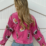 Step up your game day style with our Football Sequin Corduroy Jacket in hot pink! This vibrant, eye-catching color adds a fun twist to your sporty look, while the lightweight corduroy keeps you cozy during those cool fall days or early morning practices. Perfect for showing off your playful spirit, this jacket will have you shining bright and cheering loud in style. Get ready to turn heads and be the star of the stands!