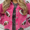 Step up your game day style with our Football Sequin Corduroy Jacket in hot pink! This vibrant, eye-catching color adds a fun twist to your sporty look, while the lightweight corduroy keeps you cozy during those cool fall days or early morning practices. Perfect for showing off your playful spirit, this jacket will have you shining bright and cheering loud in style. Get ready to turn heads and be the star of the stands!