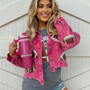 Step up your game day style with our Football Sequin Corduroy Jacket in hot pink! This vibrant, eye-catching color adds a fun twist to your sporty look, while the lightweight corduroy keeps you cozy during those cool fall days or early morning practices. Perfect for showing off your playful spirit, this jacket will have you shining bright and cheering loud in style. Get ready to turn heads and be the star of the stands!