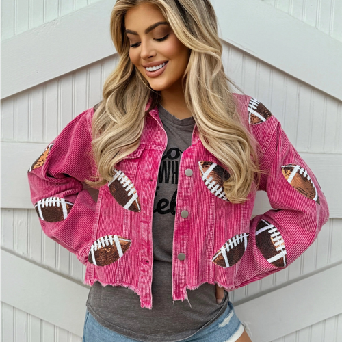 Step up your game day style with our Football Sequin Corduroy Jacket in hot pink! This vibrant, eye-catching color adds a fun twist to your sporty look, while the lightweight corduroy keeps you cozy during those cool fall days or early morning practices. Perfect for showing off your playful spirit, this jacket will have you shining bright and cheering loud in style. Get ready to turn heads and be the star of the stands!