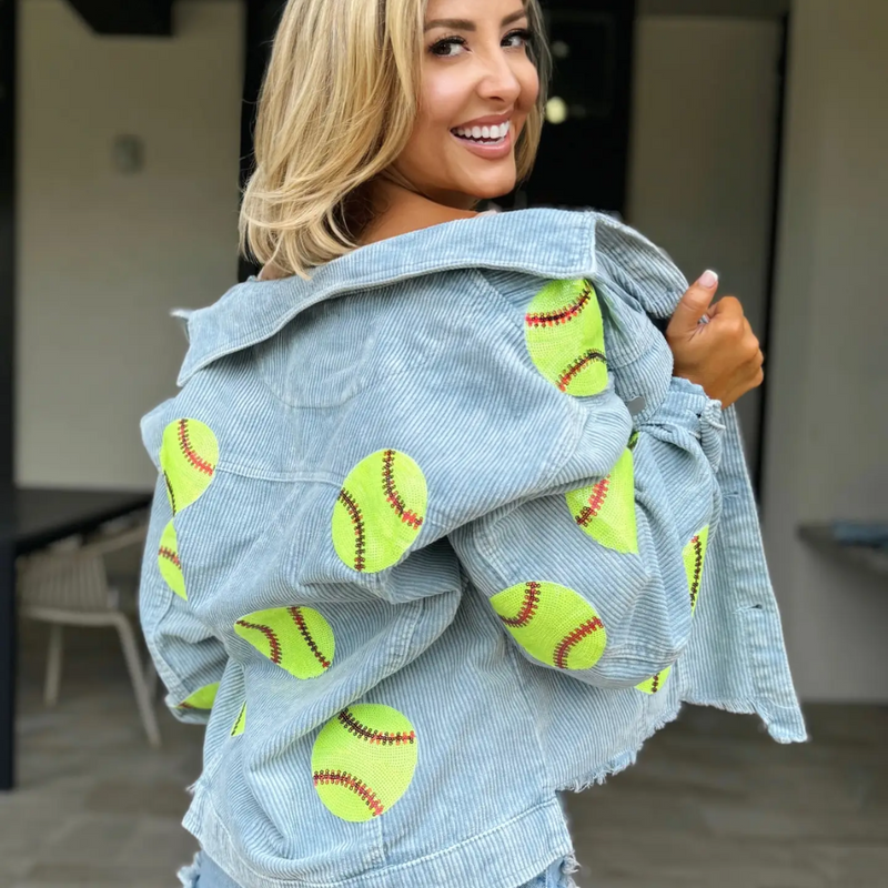 Get ready to shine on game day with our Light Blue Corduroy Softball Jacket! This lightweight, cozy jacket combines comfort and style, perfect for those cool spring days at the ballpark. Its soft corduroy fabric and cheerful color make it a standout piece whether you're cheering from the bleachers or hanging out after the game. Add a playful pop to your outfit and show your love for the game with this must-have Live Love Gameday jacket!