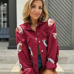 Step up your game day style with our Football Sequin Corduroy Jacket in Maroon! This bold, deep burgundy shade is sure to catch eyes in the crowd, while the lightweight corduroy keeps you comfy during those crisp fall days or early morning practices. Perfect for adding a playful, standout touch to your wardrobe, this jacket will have you feeling confident and ready to cheer on your team in style. Get ready to be the star of the stands!